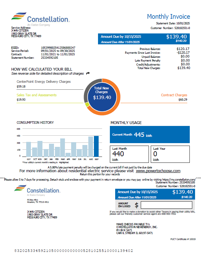 USA Constellation utility bill template in Word and PDF formats, version 2